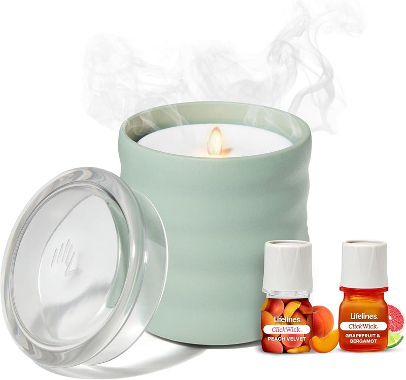 LifeLines Flameless Candle Aromatherapy Essential Oil Diffuser with 2 ClickWick Essential Oil Blends - Cordless & Waterless Diffuser for Home - Scented Electric Candles Blow Out Flame - Green Bubble - Image 1